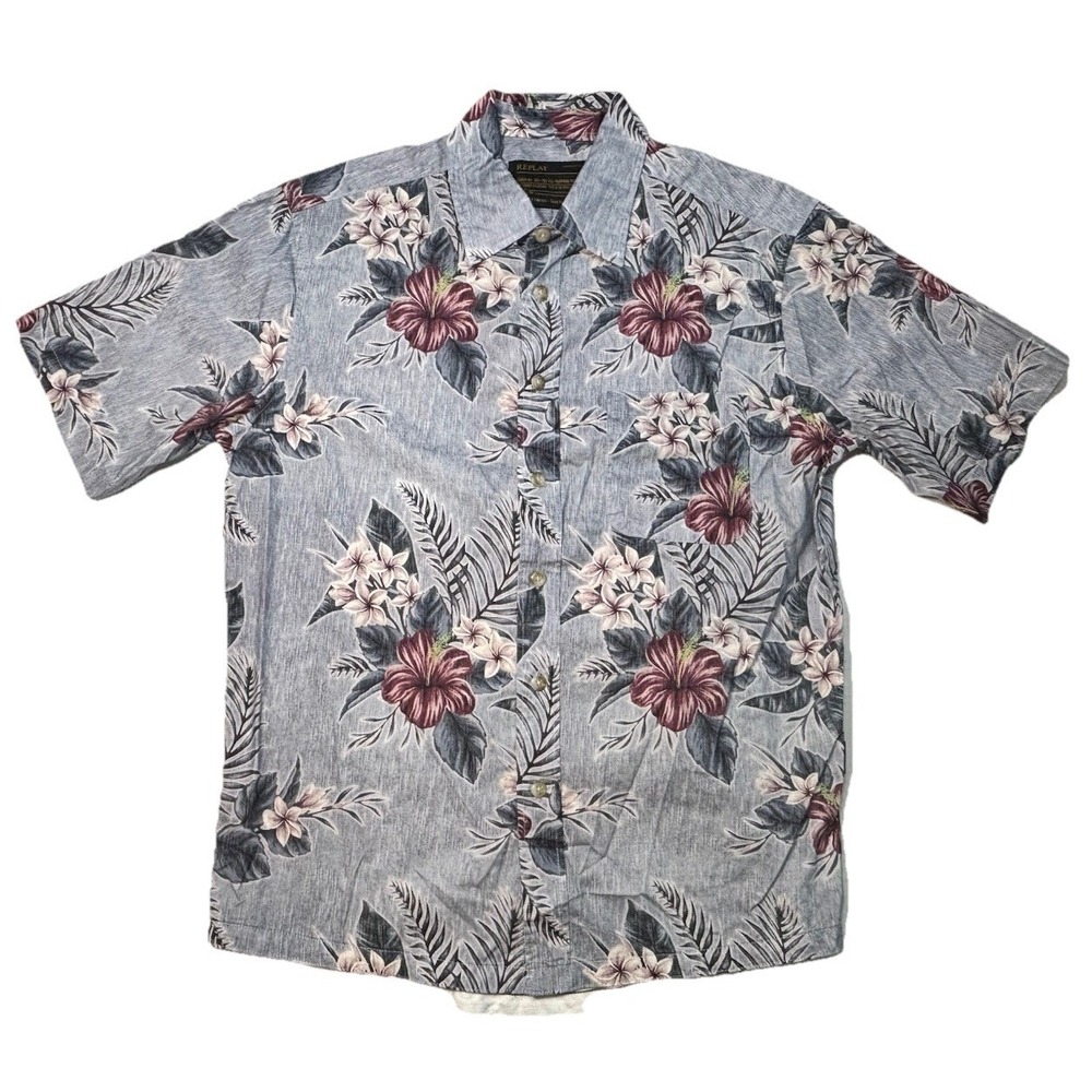 Replay Floral Hawaiian Shirt Mens‎ Small Gray Tropical Button Up Camp Shirt